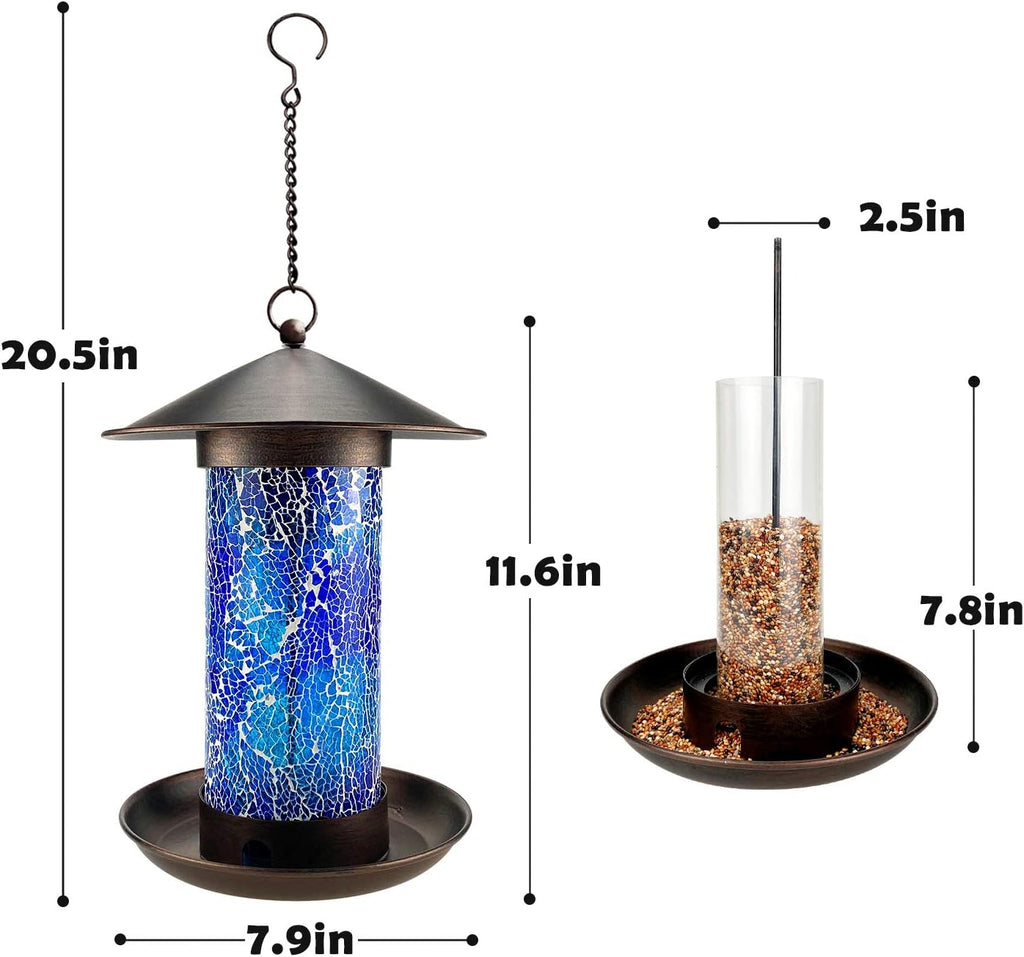 Solar Bird Feeders for Outdoors Hanging Unique Retro Hanging Bird Feeder as Garden Yard Decoration, Waterproof Bird Feeder for outside Wild Birds (Blue)