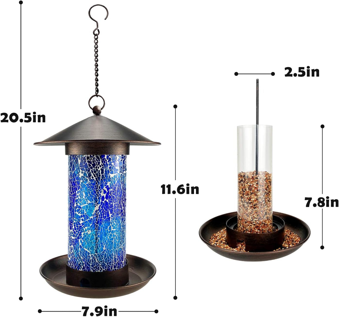 Solar Bird Feeders for Outdoors Hanging Unique Retro Hanging Bird Feeder as Garden Yard Decoration, Waterproof Bird Feeder for outside Wild Birds (Blue)