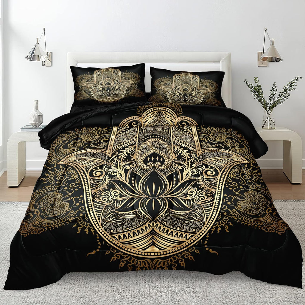 Boho King Comforter Set Black and Gold Comforter Hamsa Hand of Fatima Bohemian Floral Printed Hippie Bedding Sets 1 Comforter 2 Pillowcases(King, Hamsa Hand)