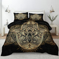 Boho King Comforter Set Black and Gold Comforter Hamsa Hand of Fatima Bohemian Floral Printed Hippie Bedding Sets 1 Comforter 2 Pillowcases(King, Hamsa Hand)