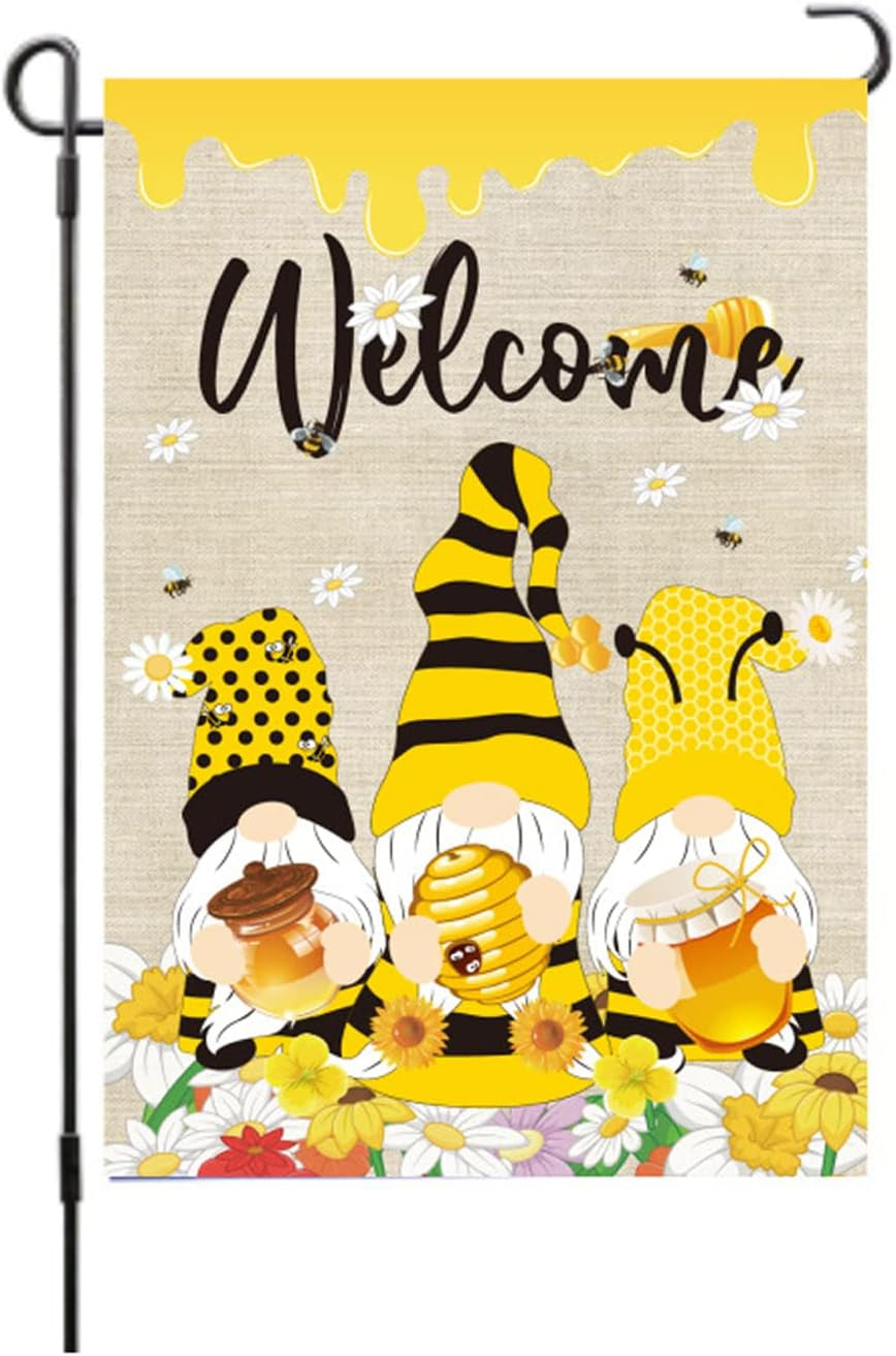 Summer Garden Flags, Gnomes Double Sided Garden Flag Seasonal Welcome Yard Flag Burlap Garden Flag for outside Labor Day Garden Flag for Bee Garden Decor