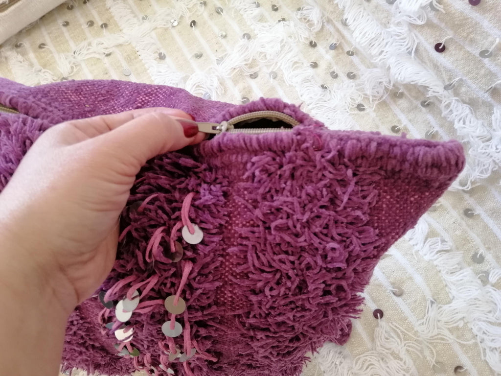 Shinny Shaggy Pink Pillows Wedding Handmade Cushion Cover Berber Handira Pillows Moroccan Sofa Pink Sequins Pillow