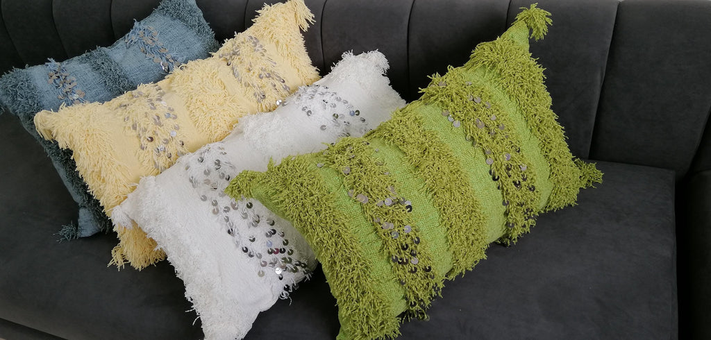 Gorgeous Creamy Pillows Wedding Handmade Cushion Cover Berber Handira Pillows Moroccan Sofa Green Sequins Pillow Beige