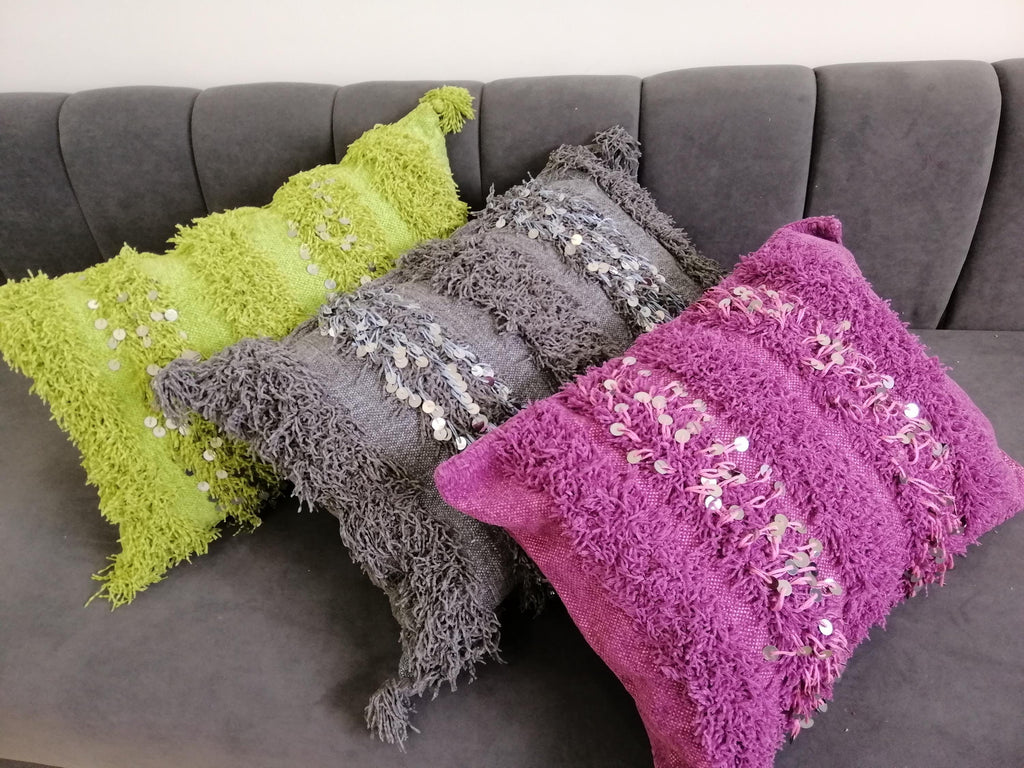Handira Moroccan Pillows Wedding Handmade Cushion Cover Shaggy Berber Handira Pillows Moroccan Sofa Green Sequins Pillow