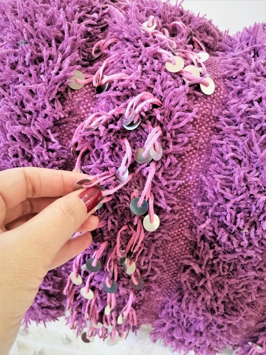 Shinny Shaggy Pink Pillows Wedding Handmade Cushion Cover Berber Handira Pillows Moroccan Sofa Pink Sequins Pillow